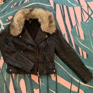 Topshop Leather Jacket with Removable Faux Fur Trim
